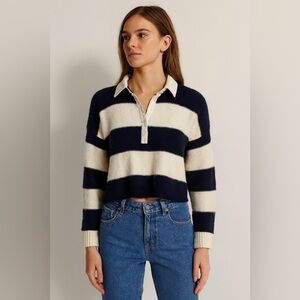 American Eagle Blue White Striped Knit Polo Rugby Y2K Cropped Sweater Small